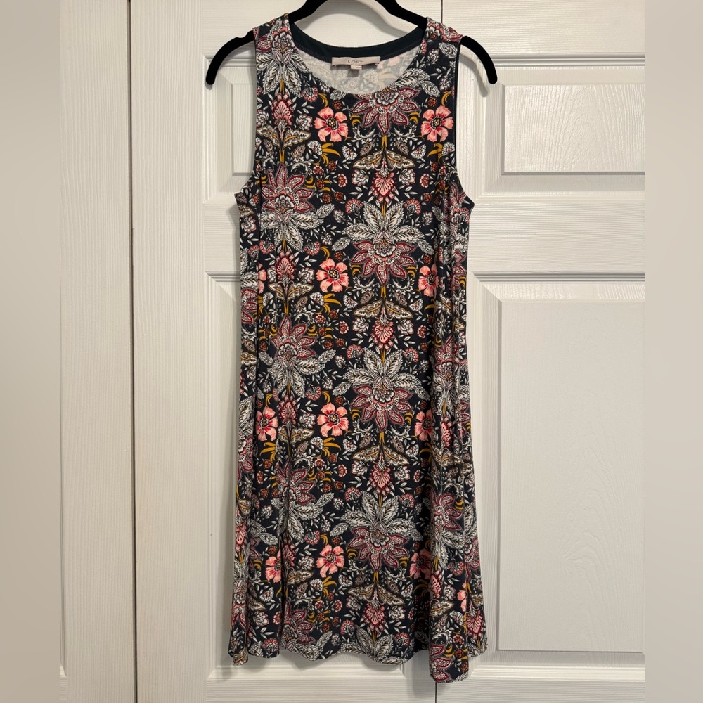 LOFT Black and Pink Floral Midi Dress